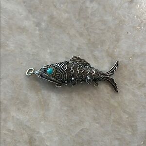 Vintage Silver Articulated Filigree Fish Pendant with Turquoise Eye